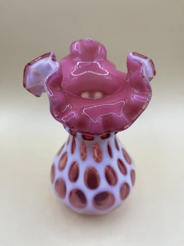 Vintage Fenton Vase Pink Cranberry Glass Opalescent Coin Dot Pink Ruffled Top