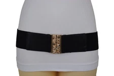 Women Black Elastic Wide Strap Fashion Belt Gold Metal Skulls Buckle Size S M