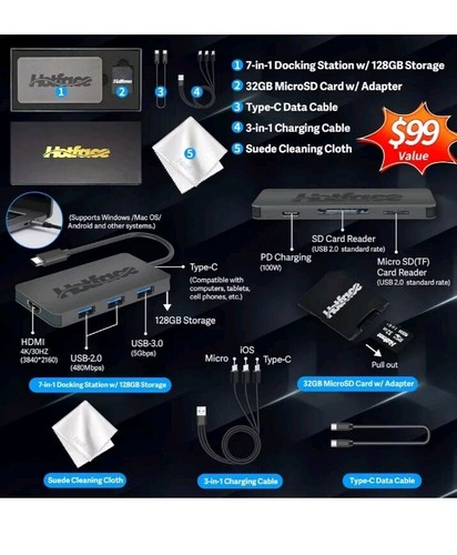 Hotface 7-in-1 USB-C Docking Station, 128GB Storage w/Bonus 32GB MicroSD Card - Afbeelding 3 van 7