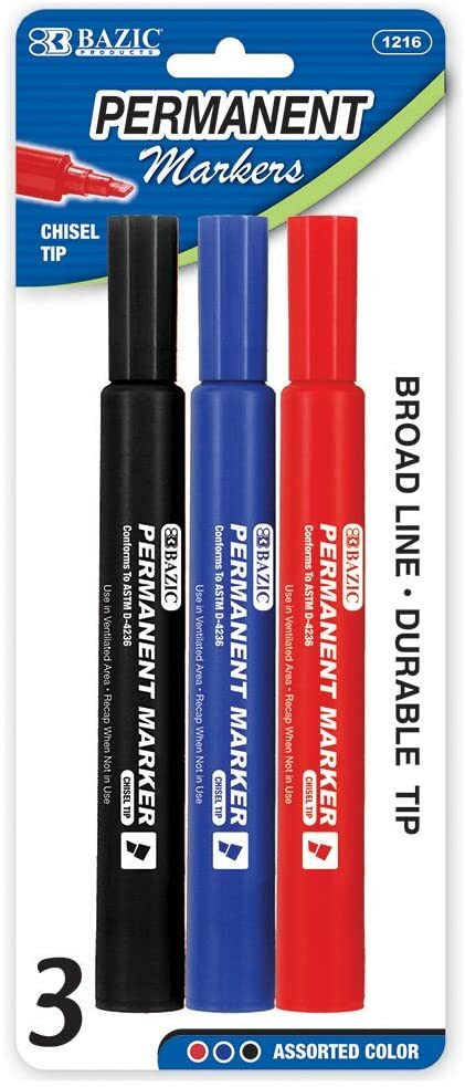 6-Pack Jumbo Bold Permanent Markers Chisel Tip [Quick Dry] BLACK / RED / BLUE