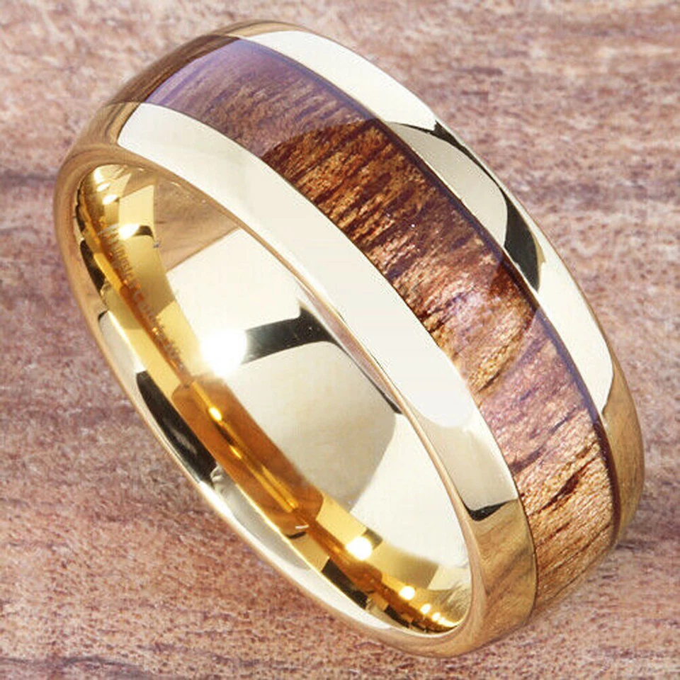 Anillos de boda eBay para hombre. Alianza de boda abovedada de tungsteno de oro amarillo y madera de koa de 8 mm Foto 3 de 4