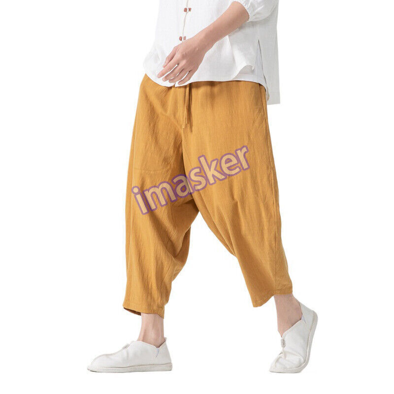 Men's Summer Cotton Linen Cropped Drop Crotch Casual Chinese Trousers