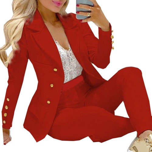 2-teilig Damen Massiv Langarm Blazer Hose Set Formelle Jacke Mantel Anzug Outfits - Bild 5 von 16
