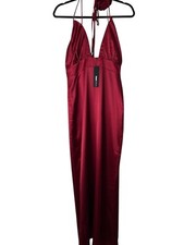 Fashion Nova Demi Satin Maxi Dress Size Large Burgundy Sleeveless Halter Formal