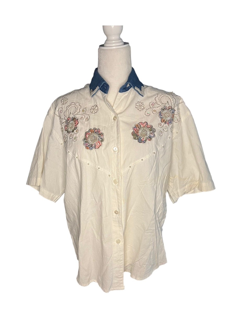 Vintage Western Beaded Blouse Button-Down 80s 90s
