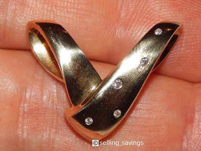 14K GELBGOLD DIAMANT BÜNDIG ZIGEUNER SET V FORM HALSKETTE ANHÄNGER SCHIEBER -4,5 GRAMM