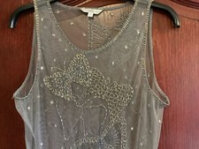 NEW LOOK Grey Silver Heavily Embellished Sheer Sleeveless Top Beaded Butterflies