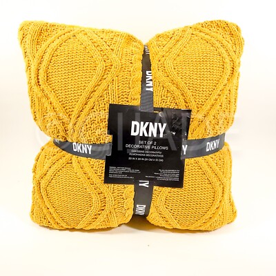 DKNY 20'' x 20'' 2pc Crochet  Luxury Decorative Yellow Pillow New