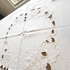 Vintage Linen Dining Tablecloth Cutwork Flowers Holiday Luncheon Ivory  77"x66"