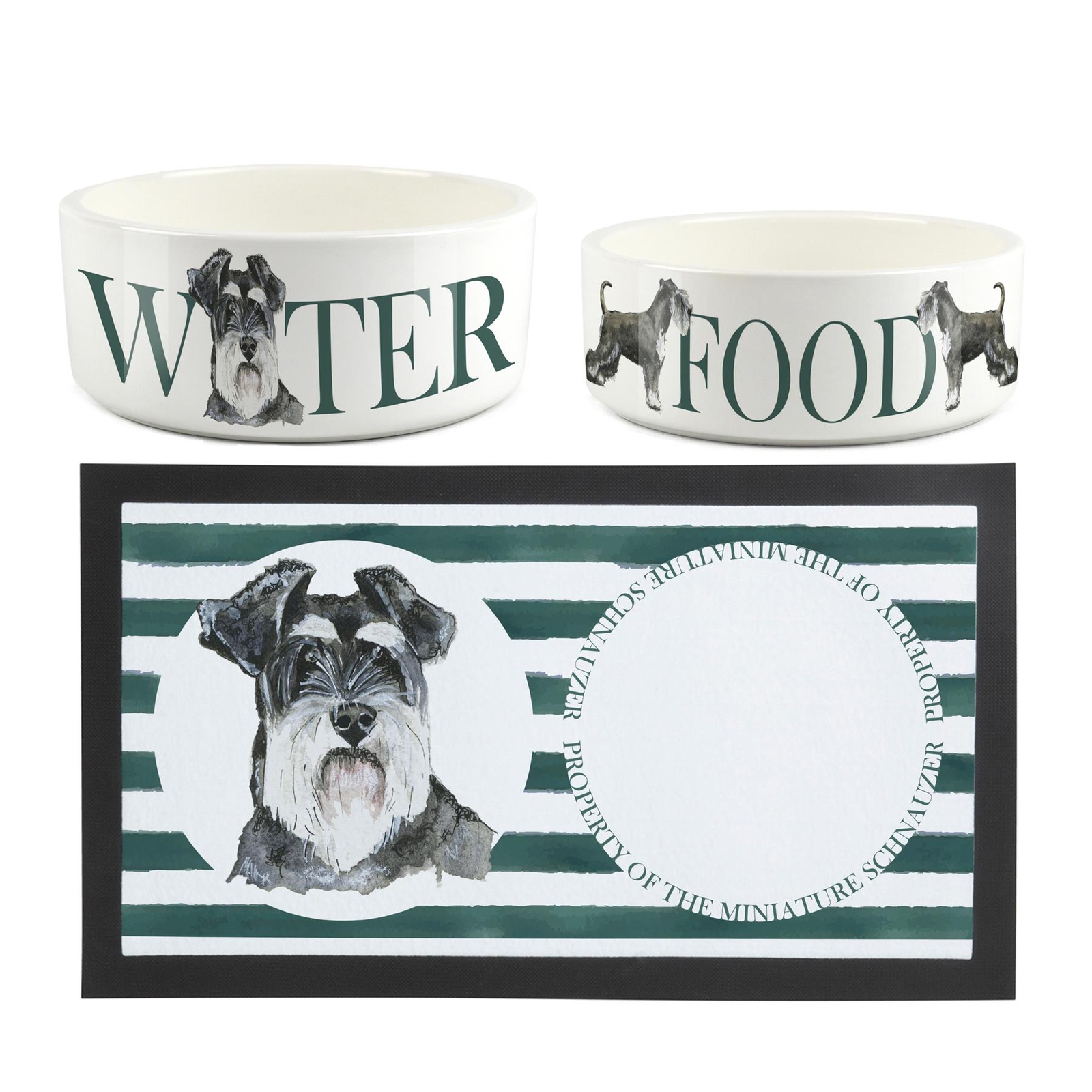 Miniature Schnauzer Pet Bowls & Mat Set - Ceramic Food & Water Dishes Gifts