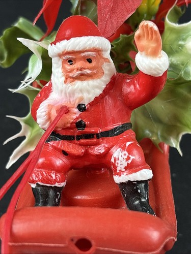 Vintage Plastic Santa Claus Sleigh 2 White Reindeer & Poinsettia Christmas 12" - Picture 9 of 17