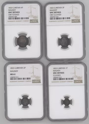 1833 Great Britain (William IV) MAUNDY 4-Piece Coin Set NGC MS61 to UNC Details