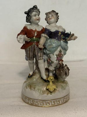 Antique German Couple Chicken Chicks Figurine Rudolstadt Volkstedt As-Is