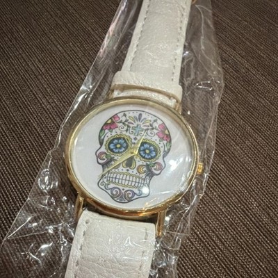 Cool Faux Leather Band Gold Case Analog Day of the Dead Skull Dial Goth watch