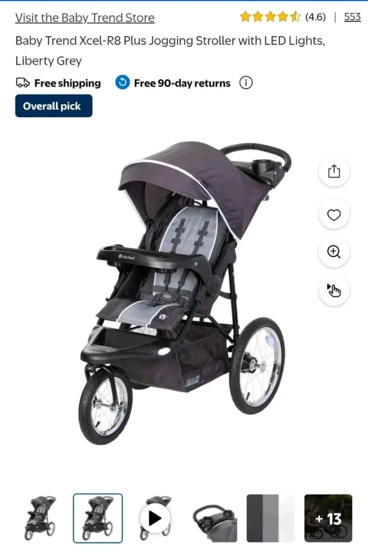 Baby Trend Xcel-R8 Plus Jogging Stroller with LED Lights, Liberty Grey, EZ Fold