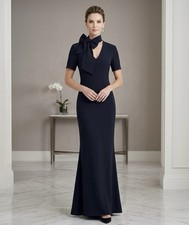 Rickie Freeman Teri Jon Women Navy Blue Maxi Dress Tie Neck Formal Wedding Sz 10