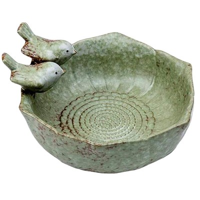 Abbeveratoio Per Uccelli In Ceramica A Forma Di Foglia, 29,5x19,5x11,5 Cm, Resistente Al Gelo, Con Decorazione A Uccellino