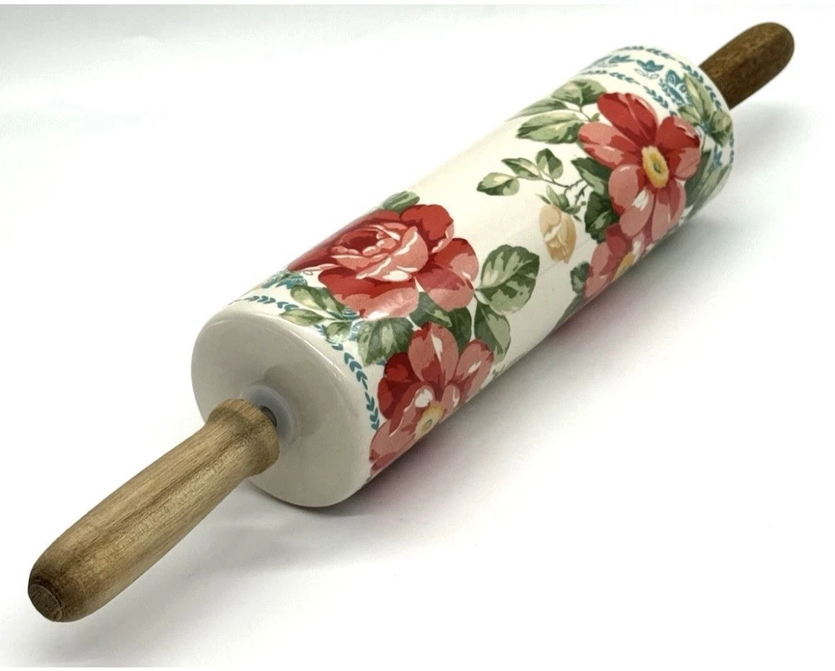 PIONEER WOMAN Vintage Floral Ceramic Rolling Pin w/ Wood Handles Country Core