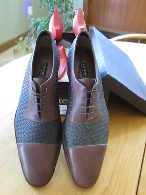 mens a.testoni Italy Woven Leather Black&Brown  perforated Cap Toe Shoes W/extra