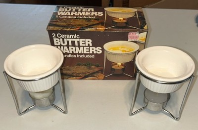 Vintage Fox Run Craftsmen Butter Warmers - 2 Ceramic Dish & Metal Holders