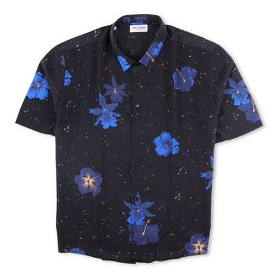 SAINT LAURENT Herren Hemd Seide Print Knopfleiste Schwarz Kurzarm Größe 40 UVP 950