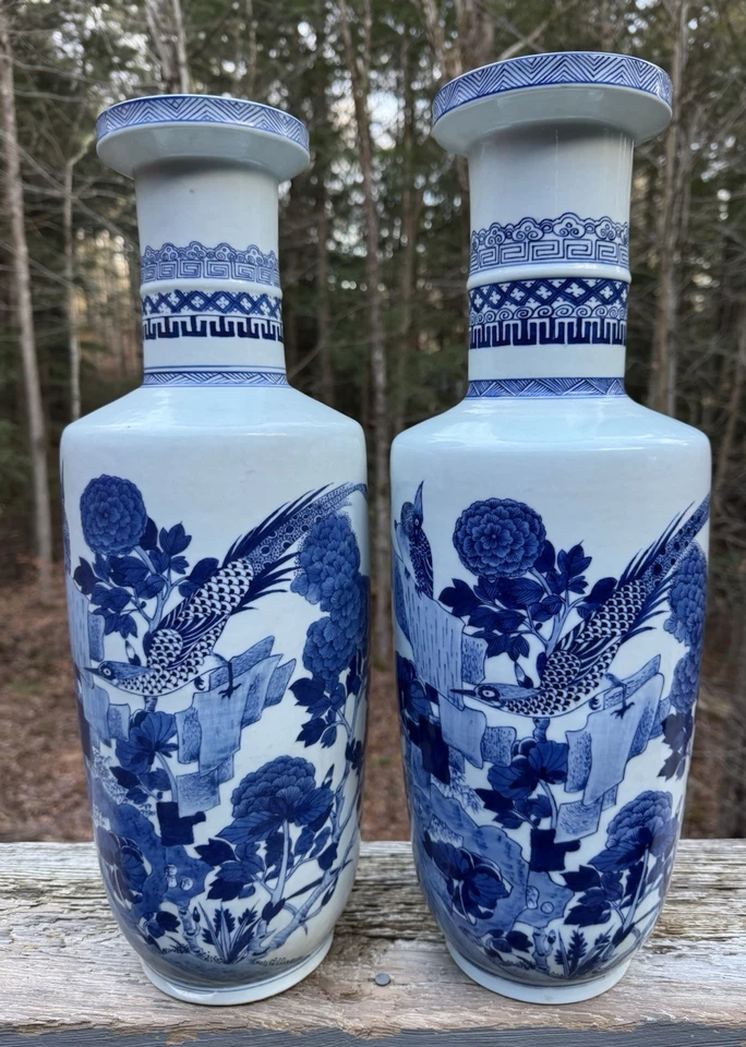 Pair of Vintage Chinese Blue & White Porcelain Vases Kangxi Marked 20th C. 19.5” - Image 3 of 4
