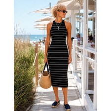 Athleta Striped High Neck Midi Dress Black White Pima Cotton Modal XS