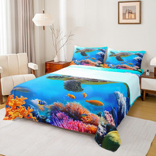 Sea Turtle Queen Sheet Set for Kids - Ocean Coral Bedding 4Pcs