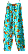 Handmade girl's size 7/8 pull on elastic waist fleece pants turquoise w/ flowers