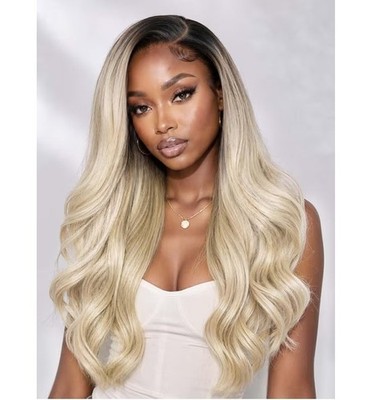 Long Platinum Blonde Wig HD Front Lace Human Hair Blend Highlights  Wavy Curly