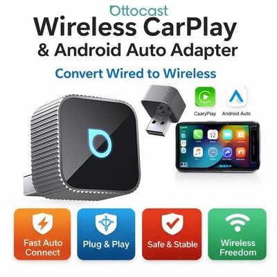 2in1 Ottocast Mini Cube 3.0 Wireless CarPlay+Android Auto Adapter Dongle USB Plu