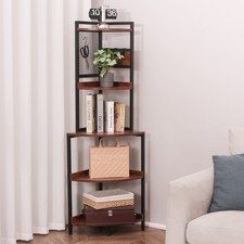 5-Tier Tall Corner Shelf, 60'' Rustic Corner Bookshelf Industrial Floor Shelf