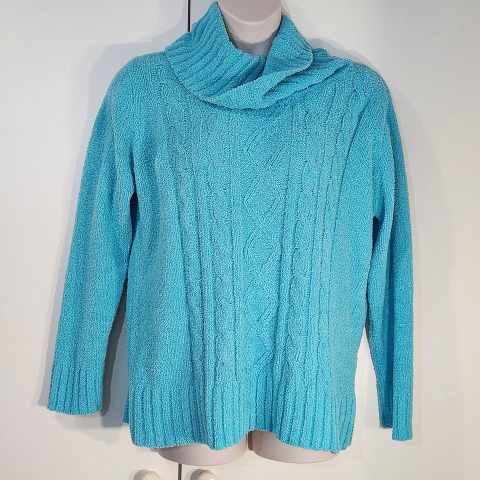 Millers XL Lady Aqua Blue Cable Knit Chenille Jumperl Roll Neck Long Sleeve 