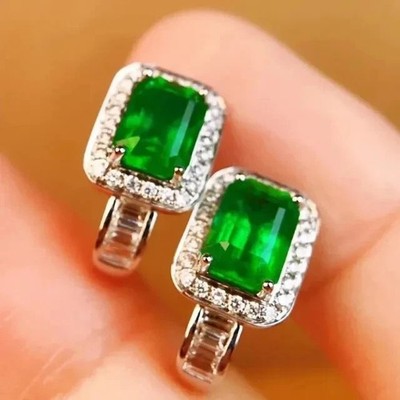 3 Ct Emerald Cut Green Emerald Halo Women's Hoops Earrings 14k White Gold Plated