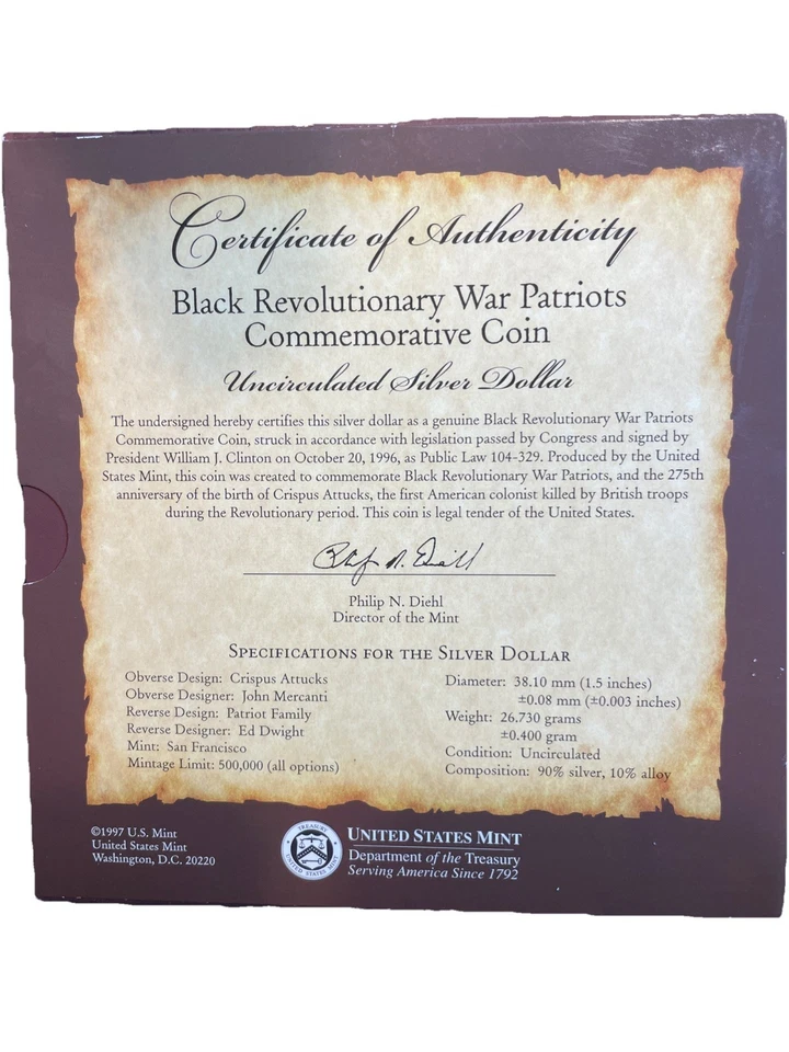 1998 Black Revolutionary War Patriots Silver Dollar Young Collector’s Edition - Image 3 of 4
