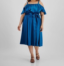 City Studio Women's Blue Ruffled Cold-Shoulder Self-Tie Dress Plus Size 3X