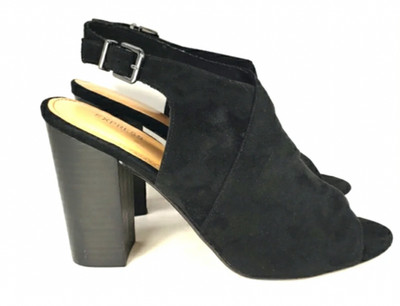 Express Heels Women's 10 Slingback Block Black suede Peep Toe Snap dress shoes