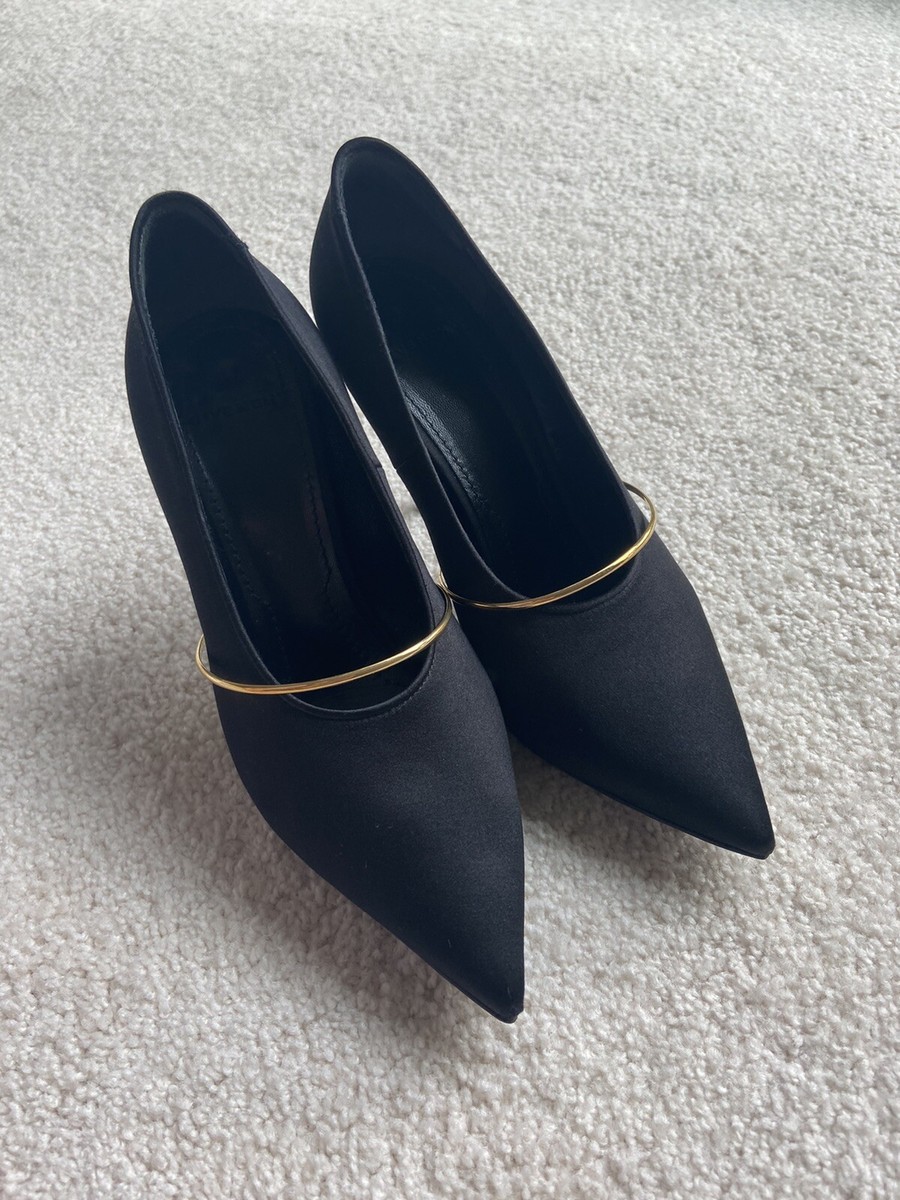 Givenchy Black Satin Shoes w Gold Band/Bar Sz 37 inc. Box, 2 Dust