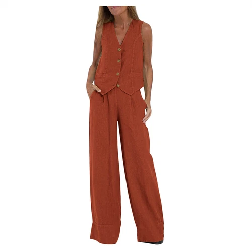 Women's 2 Piece Outfit, Sleeveless, Button Up Vest, Long Pants, Linen Set - Picture 11 of 13