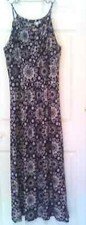 Jon & Anna Maxi Dress L Black White Floral Notch Neck Gold Metal Accent Beachy