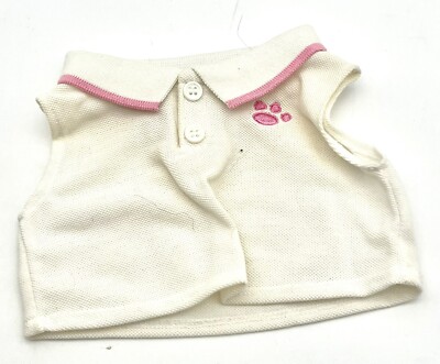 Build A Bear White Polo Shirt Pink Trim Embroidered Paw Logo BAB Clothes Outfit