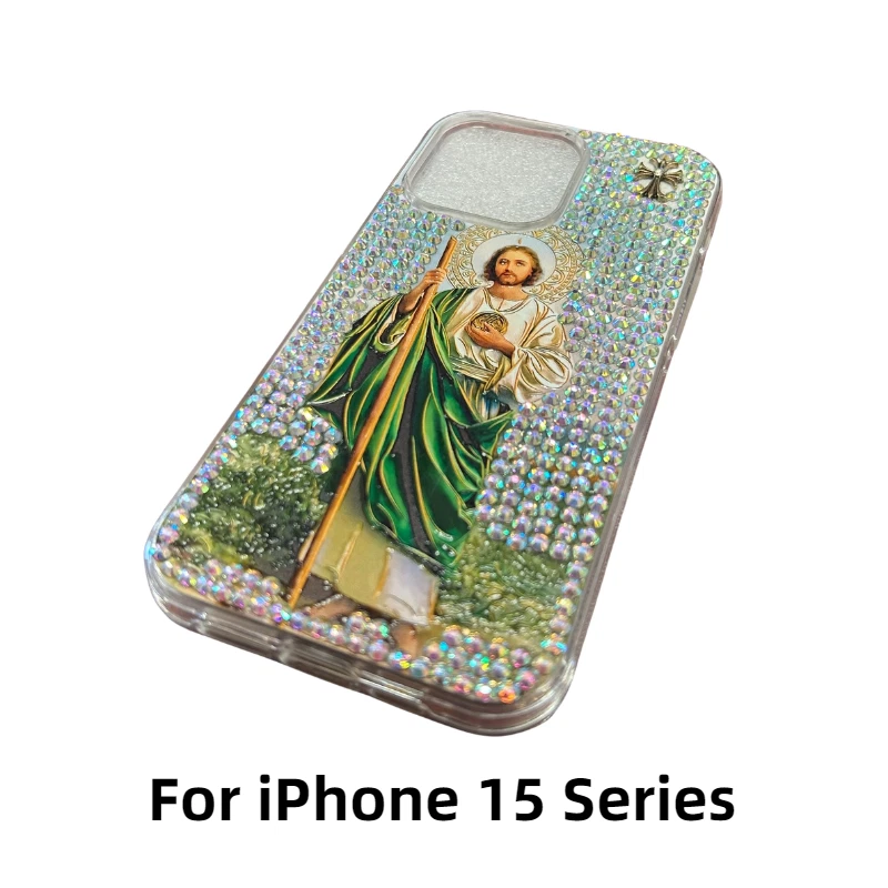 Funda híbrida impresa en 3D para iPhone 15 Pro Max Plus San Judas Tadeo Diamante Foto 2 de 4