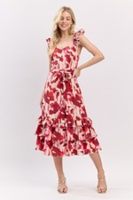 Floral Print Ruffled Adjustable Sleeveless Tired Midi Dress w/ Belt Smocked Back