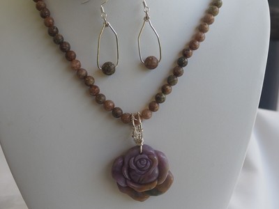 Handcrafted 925 sterling silver Autum jasper necklce carved rose
