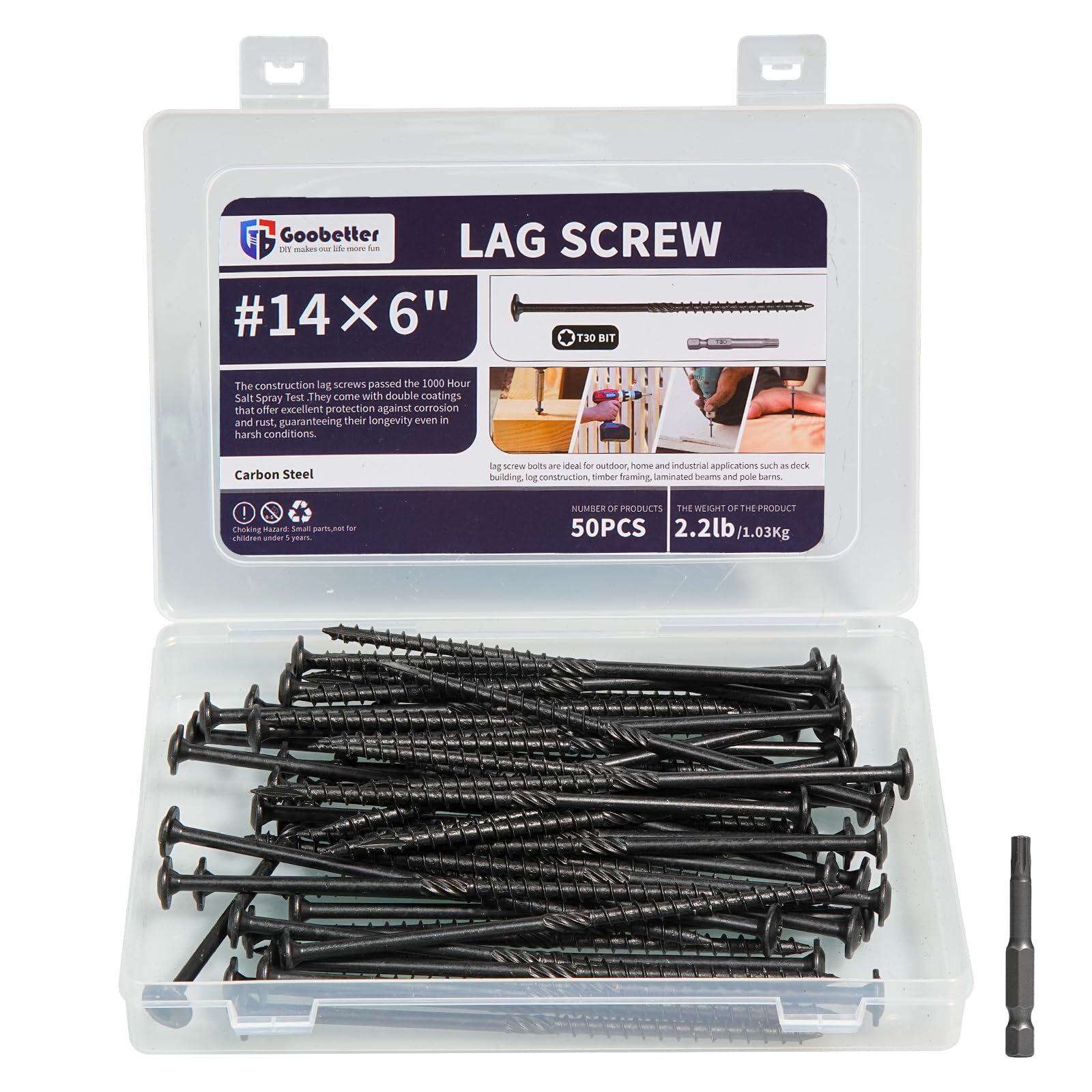 50PCS 6-Inch Heavy Duty Black Coated Lag Screws for Structural Wood
