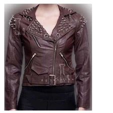 Handmade Women Studded Brown Pure Leather Jacket, Punk Style Jacket, Sale !!!