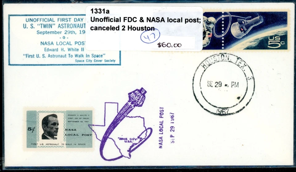 SPACE COVER USA: NASA LOCAL POST ON UNOFICIAL FDC HOUSTON, TC CANCELS SCARCE - Image 3 of 3