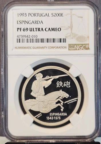 1993 PORTUGAL SILVER 200 ESCUDOS ESPINGARDA NGC PF 69 ULTRA CAMEO SCARCE