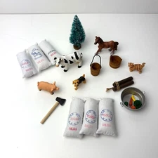 VTG Miniature Farm Animals Flour Sugar Salt Potato Sacks Ax Bucket Washbun Pig