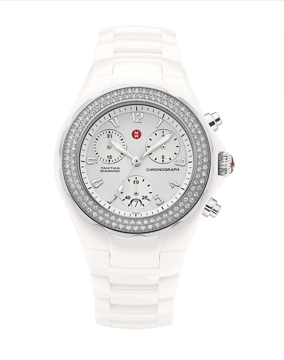 NEW MICHELE TAHITIAN WHITE CERAMIC SS DIAMOND CHRONO WATCH